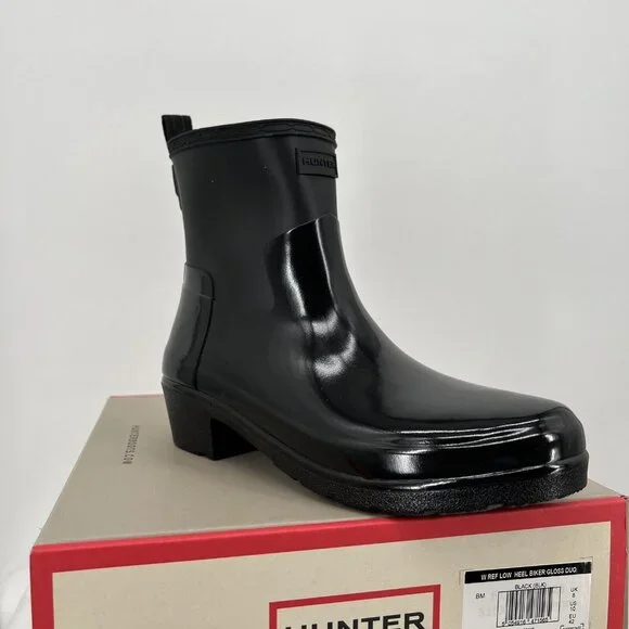 NWB HUNTER Women Refined Low Heel Biker Rubber Black Gloss Rain Boot Duo Size 10 - Picture 4 of 13
